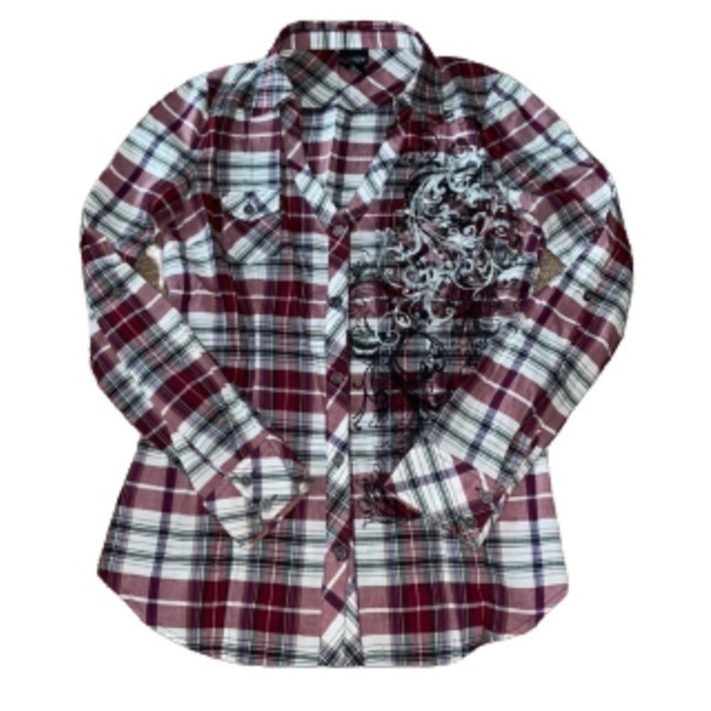 Daytrip red plaid fitted button down shirt with sparkle accents size M